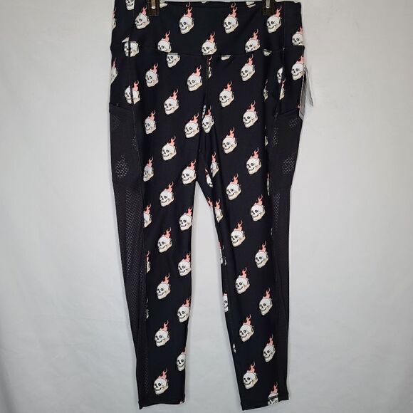 5X 28W Torrid Wicking Active Legging  Black Flames Skull Punk Mesh Panel pocket, - Picture 2 of 11